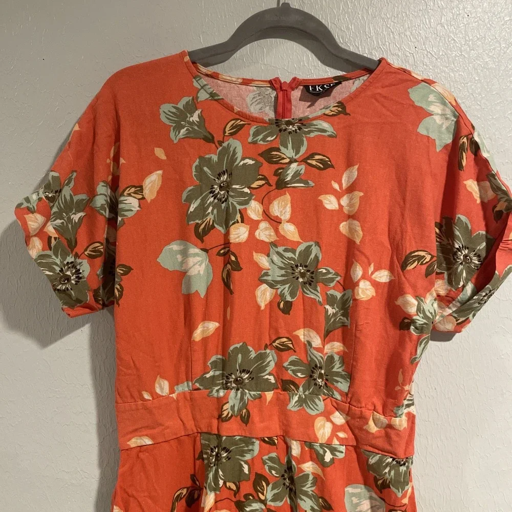 FKSP Coral Floral Midi Dress‎ Linen Blend SUNRISE SUNSET COLLECTION 
